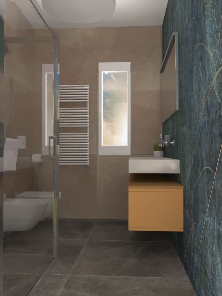 Bagno moderno con piastrelle scure, doccia in vetro, termoarredo bianco, finestra e mobile lavabo sospeso.