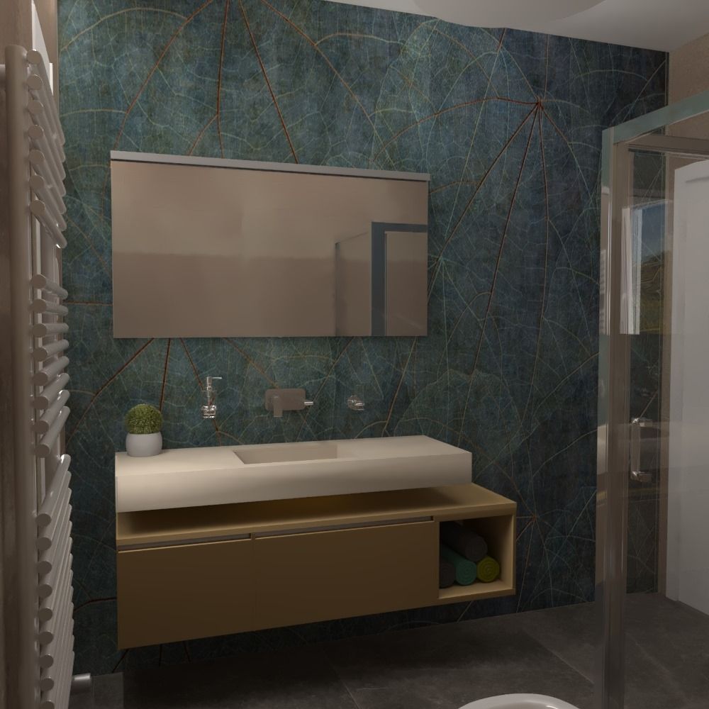 Bagno moderno con parete rivestita di piastrelle verdi, mobile lavabo sospeso, specchio e box doccia in vetro.