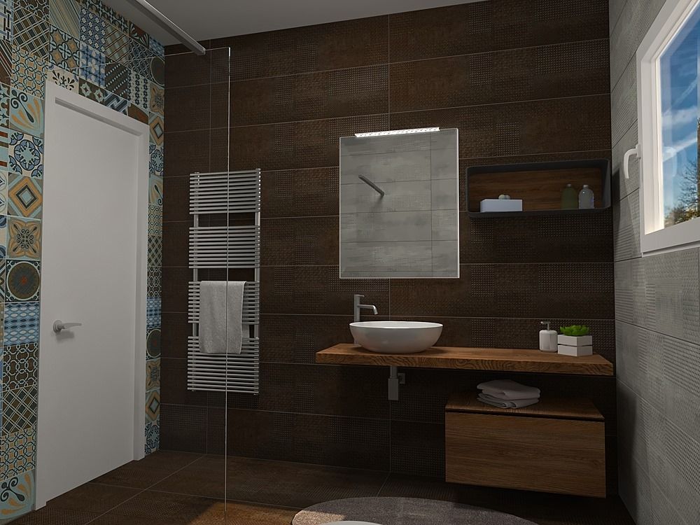 Bagno moderno con doccia in vetro, pareti piastrellate, lavabo sospeso, specchio e portasciugamani.