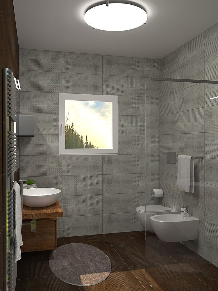Bagno moderno di colore grigio con mobiletto in legno, WC sospeso, tappeto rotondo e piccola finestra.
