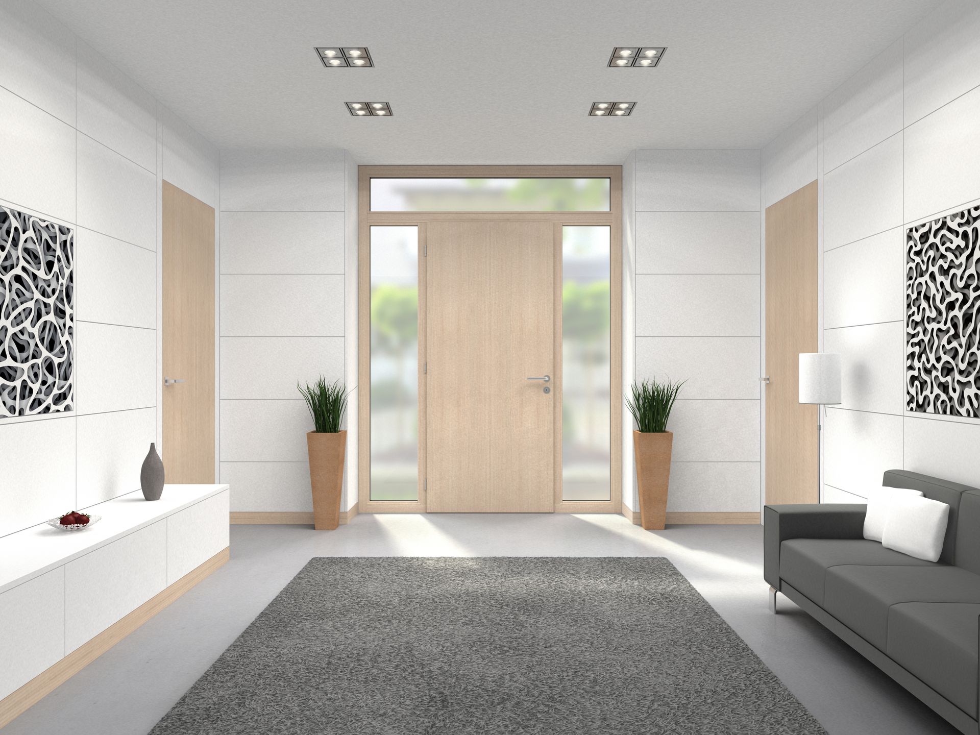 Atrio moderno e minimalista con porta centrale in legno, divano grigio, pareti bianche e piante in vaso.