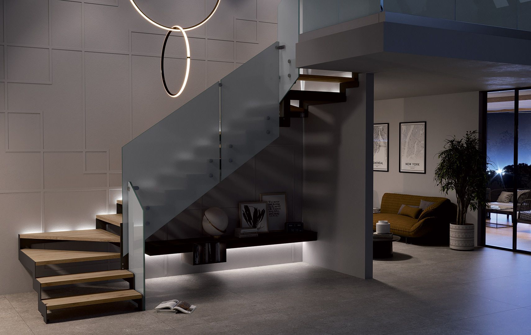 Interni moderni con scala sospesa, ringhiera in vetro e illuminazione d'accento calda.