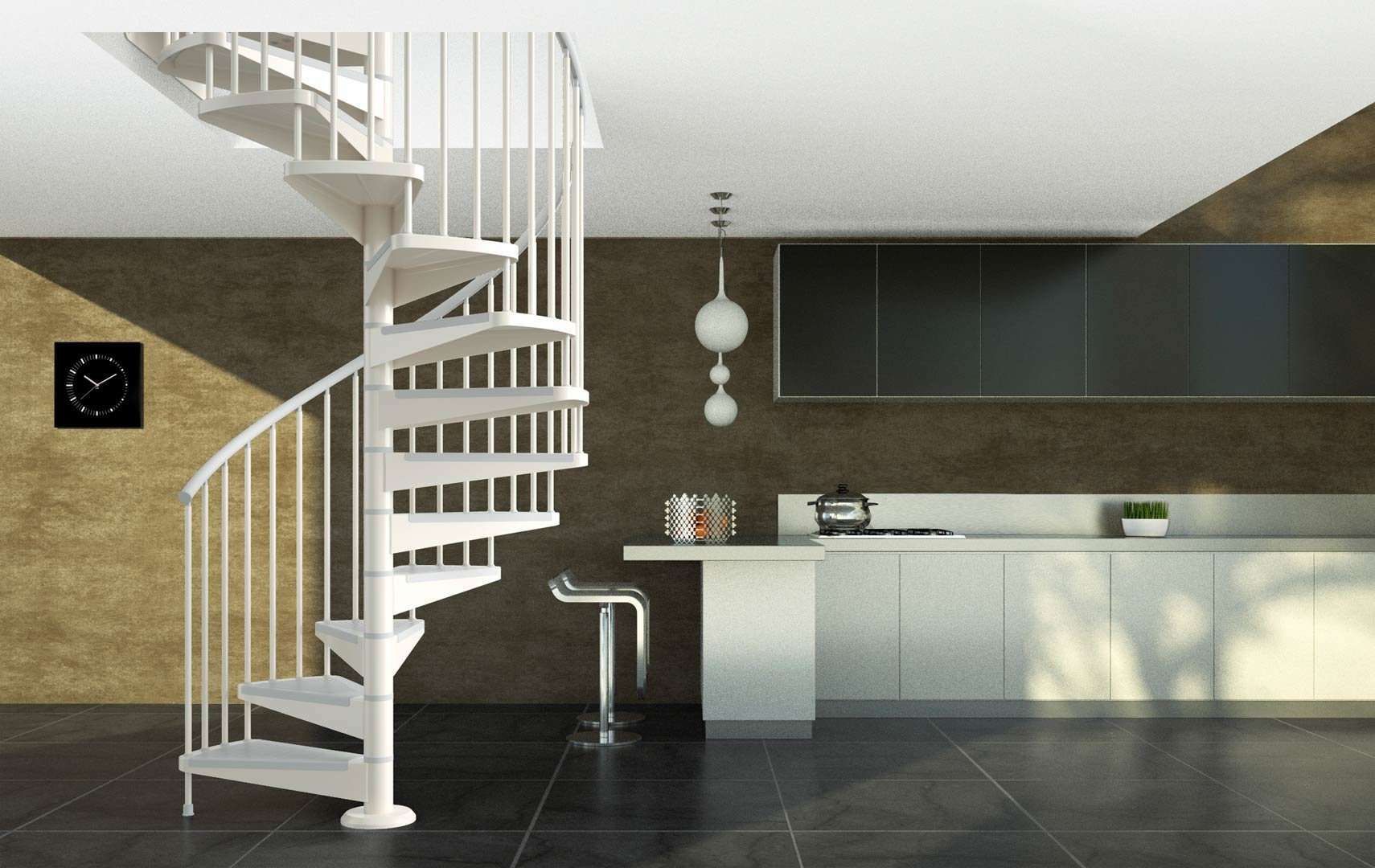 Cucina moderna con scala a chiocciola bianca, pavimento in piastrelle scure e mobili bianchi con lampade a sospensione.