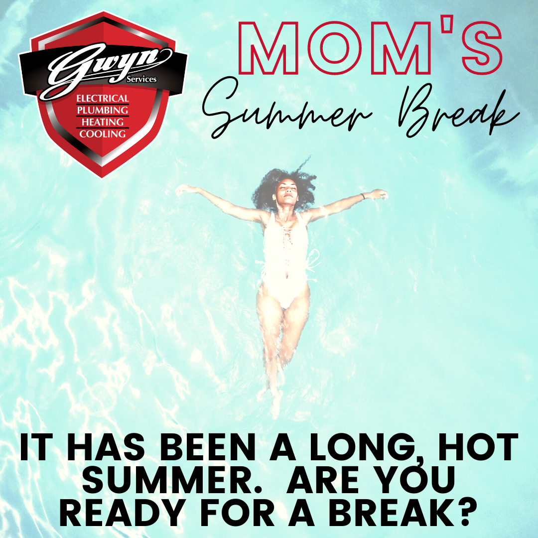 Woman floating in a turquoise pool under “MOM’S Summer Break” text with a bold summer promo message.
