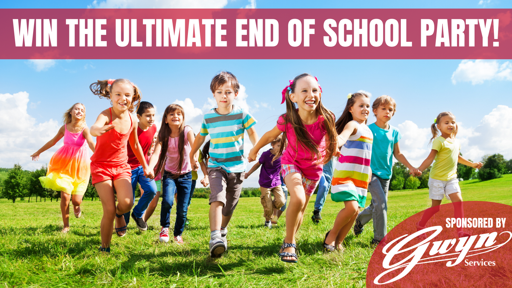 Children running across a grassy field under the text “WIN THE ULTIMATE END OF SCHOOL PARTY!”
