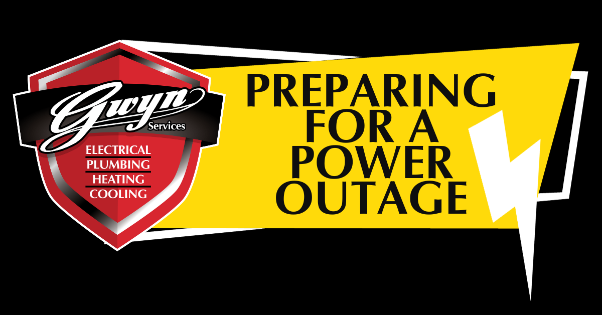 Red and black sign reading “Preparing for a Power Outage” with a warning-style arrow design