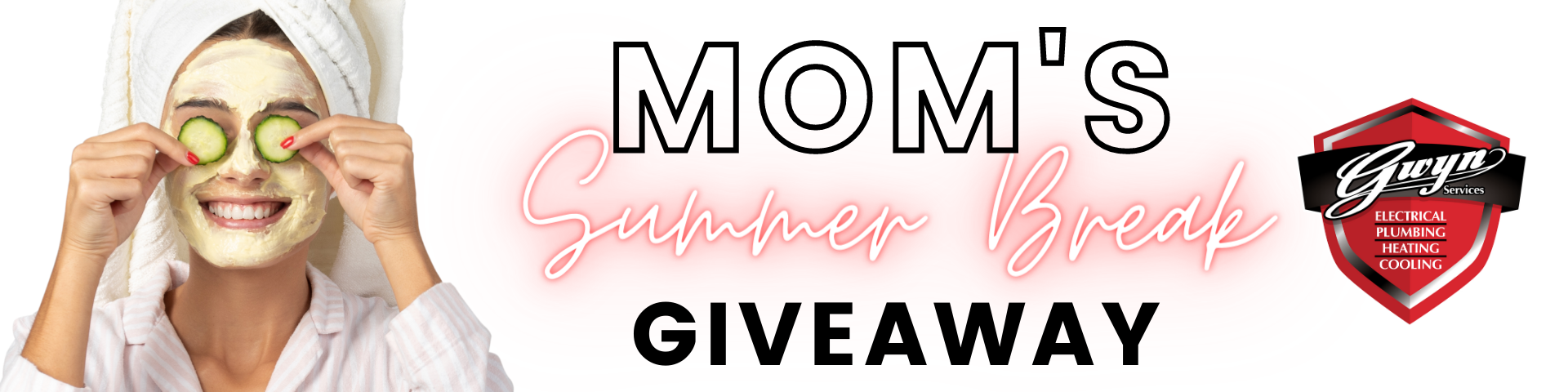 Mom’s giveaway promo banner with woman in glasses and red-and-white giveaway text