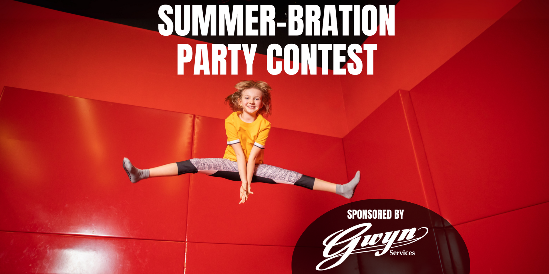 Red event poster with woman doing a split under “SUMMER-BRATION PARTY CONTEST” text.