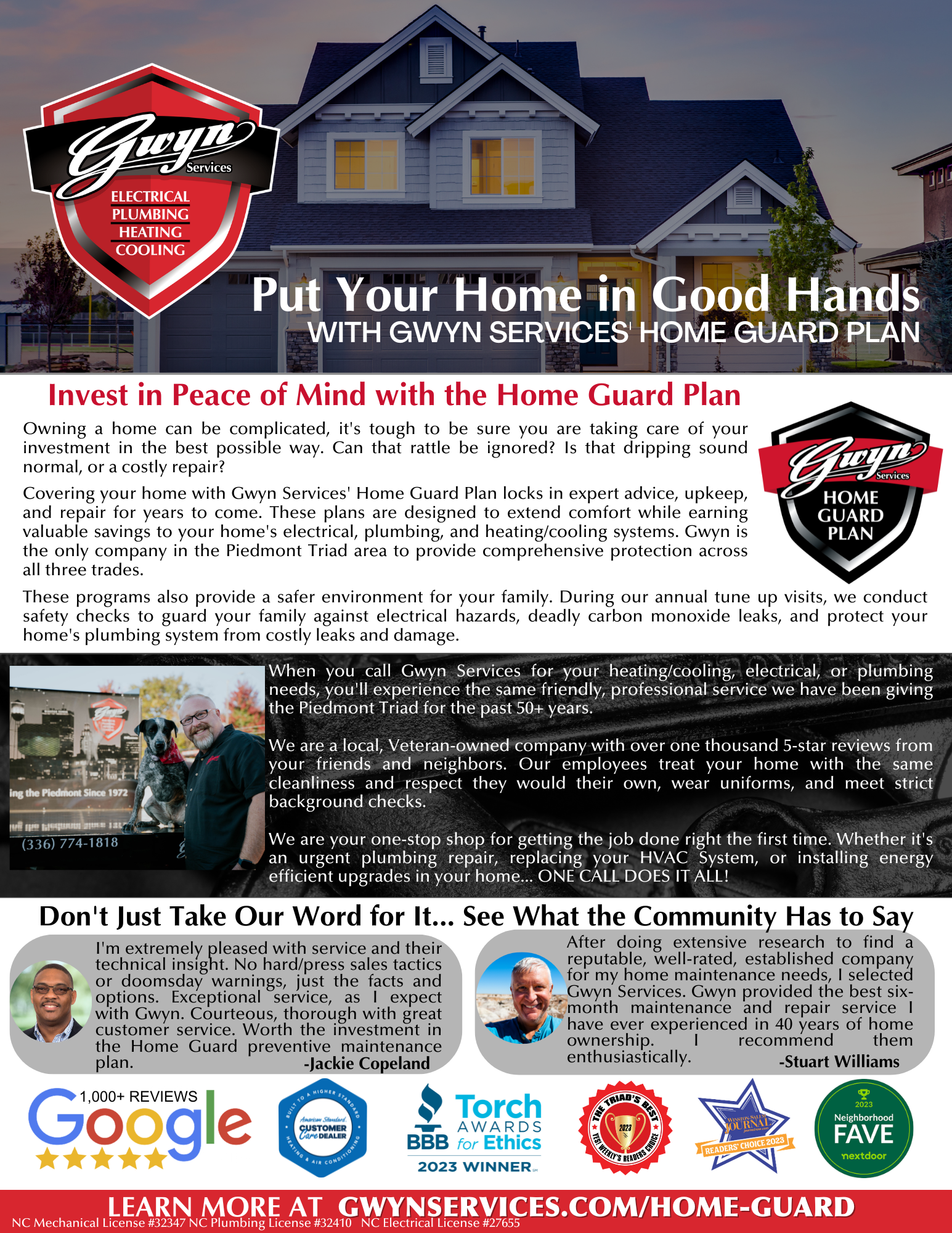 Real estate ad with house, red shield logo, “Put Your Home in Good Hands,” and contact info