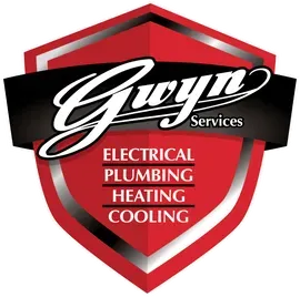 Gwyn Services logo with red shield and black ribbon, listing electrical, plumbing, heating, and cooling services
