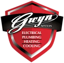 Gwyn Services logo with red shield and black ribbon, listing electrical, plumbing, heating, and cooling services