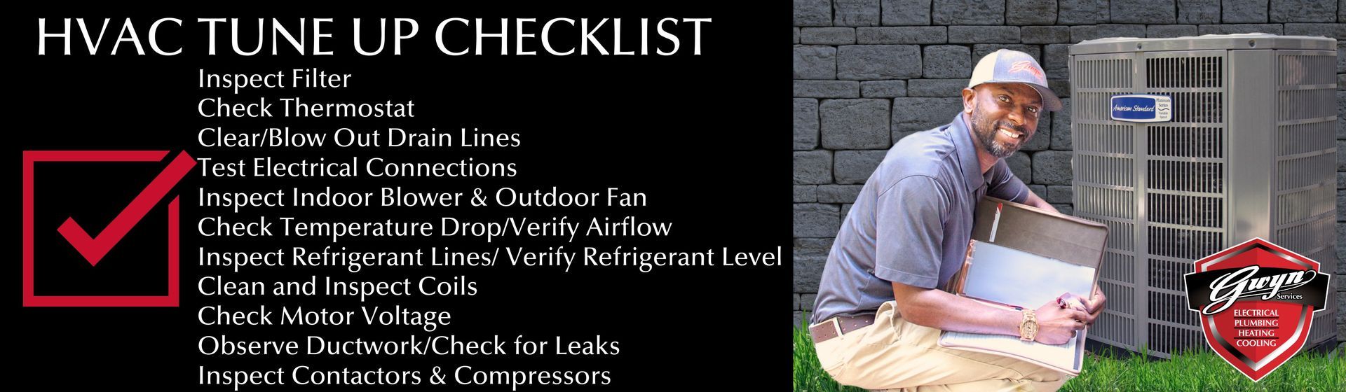 Graphic displaying the checklist for a semi-annual HVAC Tune Up with Gwyn Services