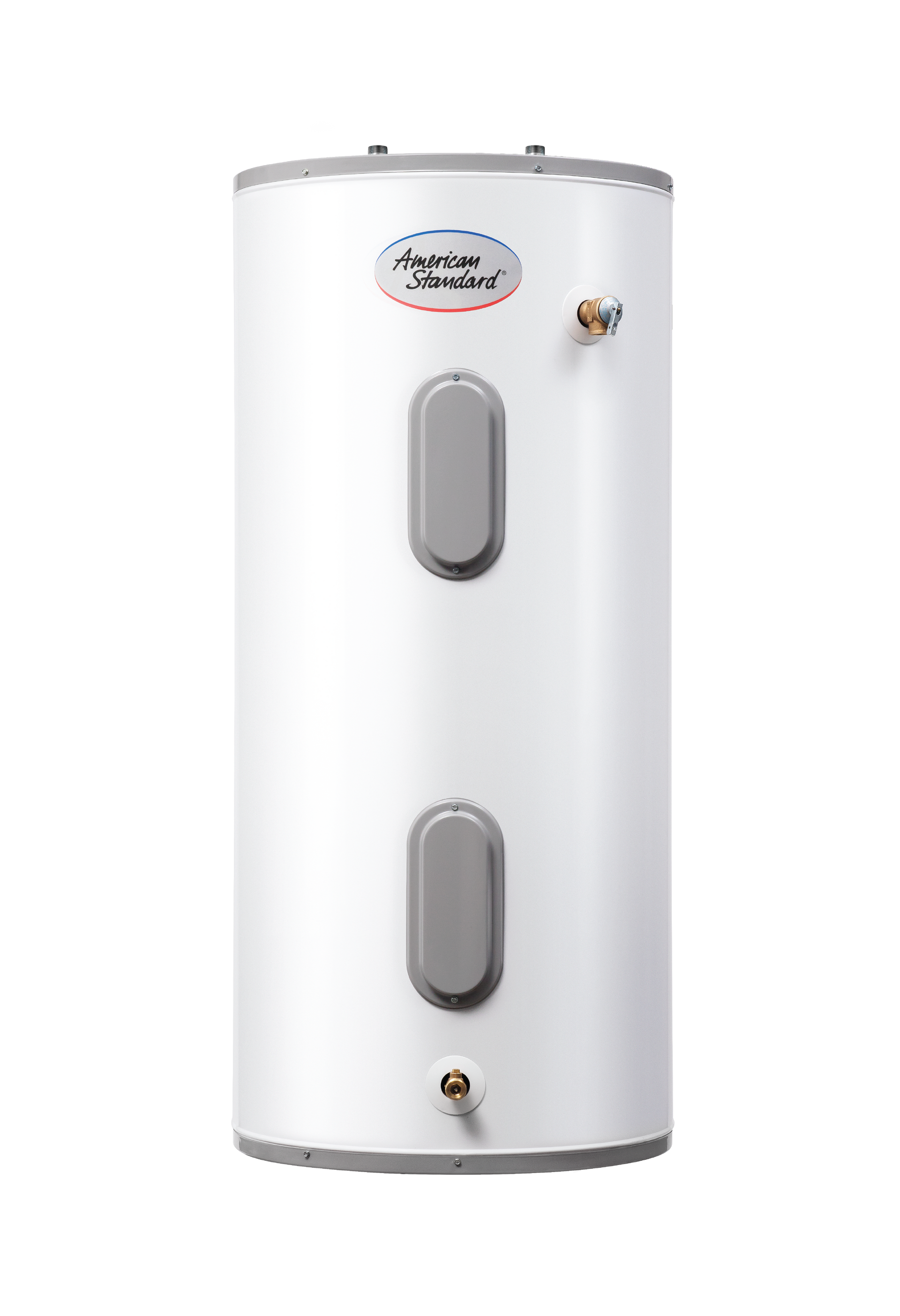 White cylindrical water heater tank with two gray access panels and a small logo near the top
