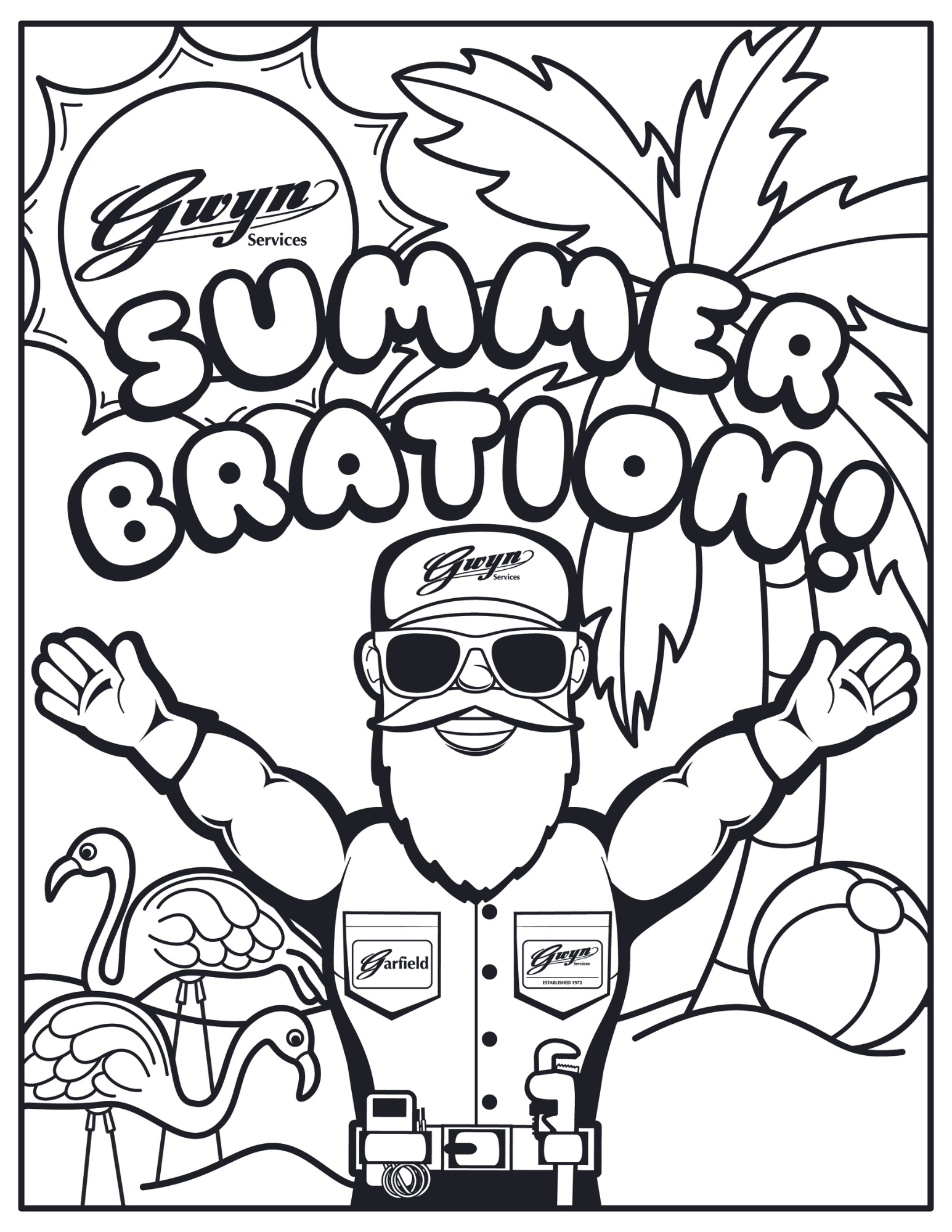 Cartoon man with sunglasses, arms raised, under “Summer Bratton!” text with palm tree and beach ball