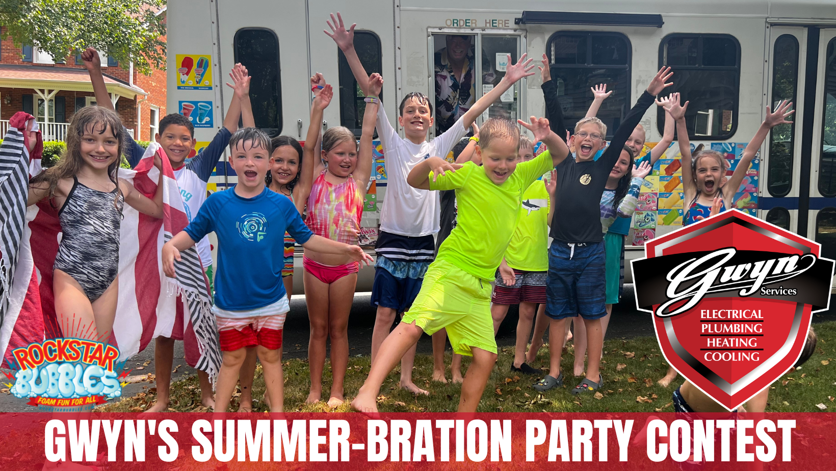 People in summer clothes cheering and jumping in front of a bus; “GWYN’S SUMMER-BRATION PARTY CONTEST” text.
