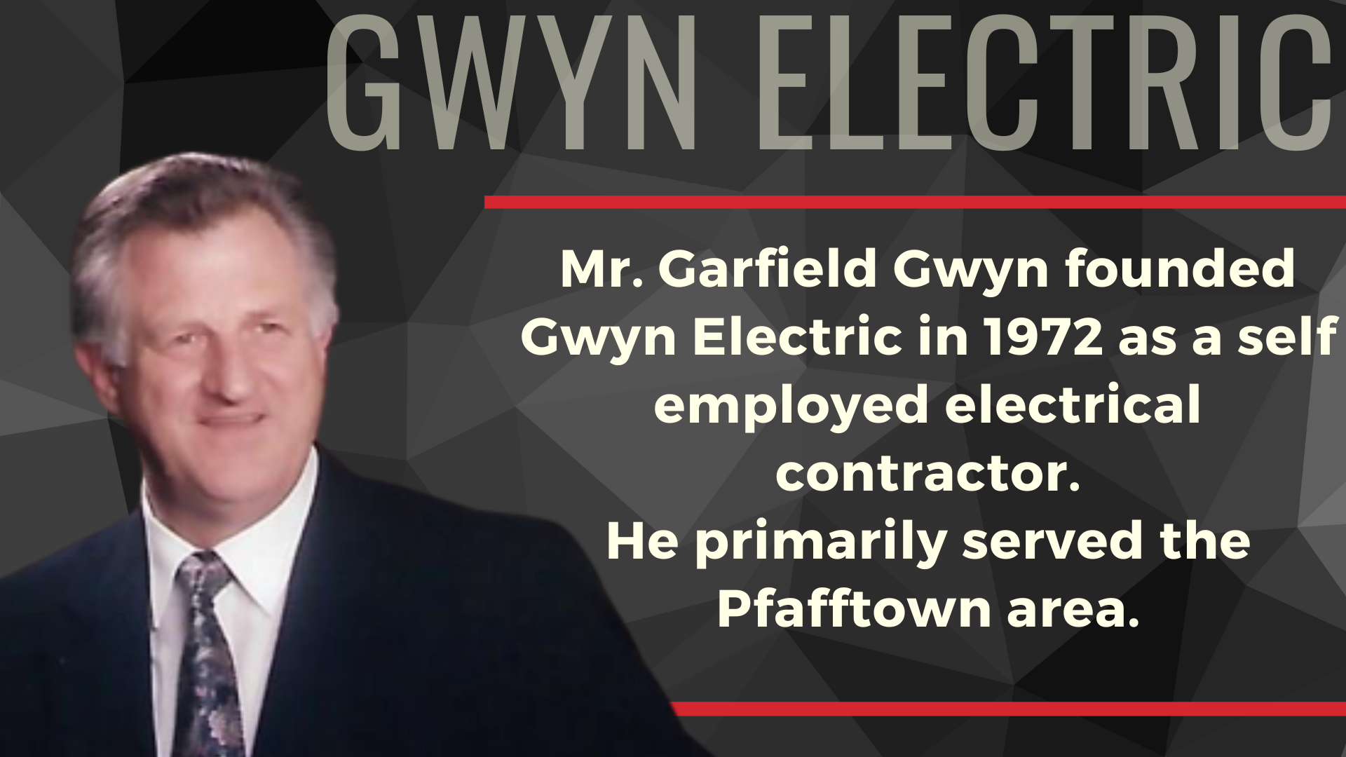 Portrait of Mr. Garfield Gwyn with text: “Gwyn Electric”; black background with red border
