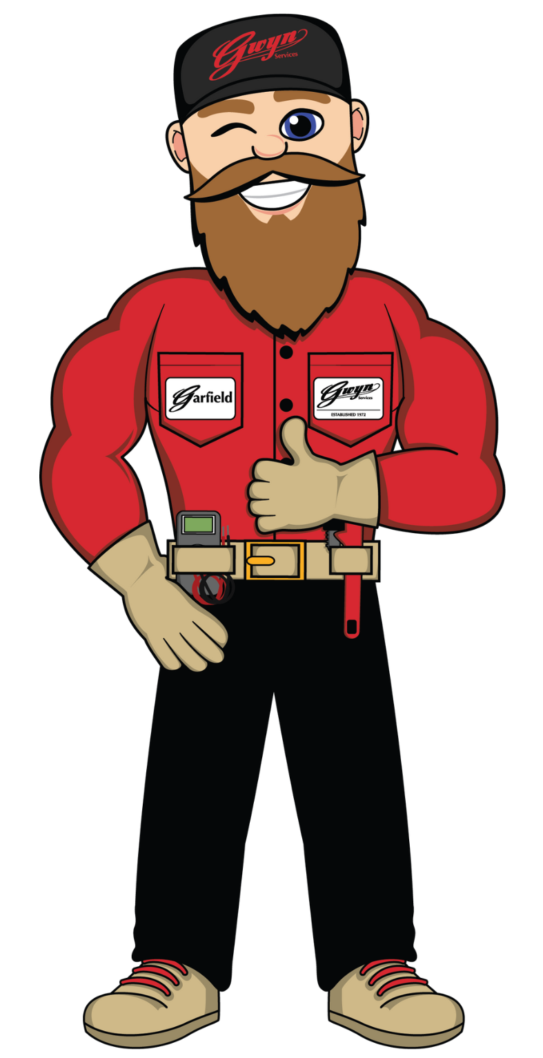 Cartoon bearded worker in red shirt, black cap, and black pants holding a wrench.