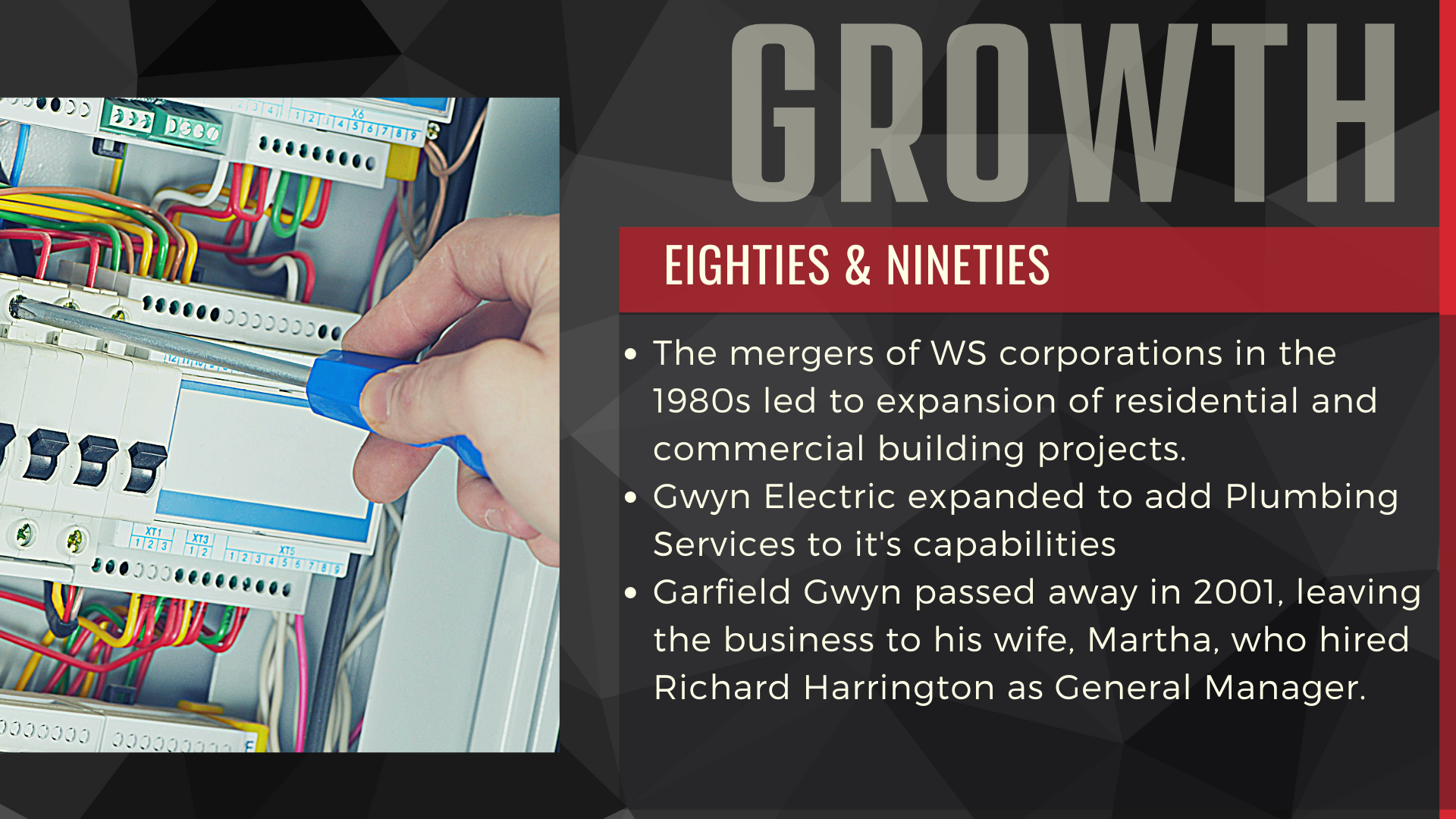 Hand turning an electronics circuit card beside a “GROWTH” slide titled “EIGHTIES & NINETIES”