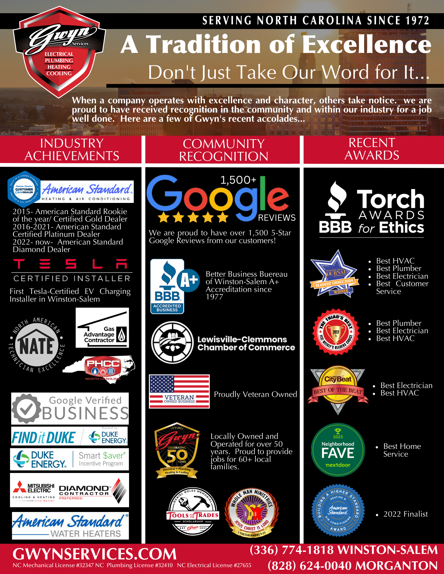 College recruitment poster with trophies, logos, and bold text highlighting excellence and scholarships