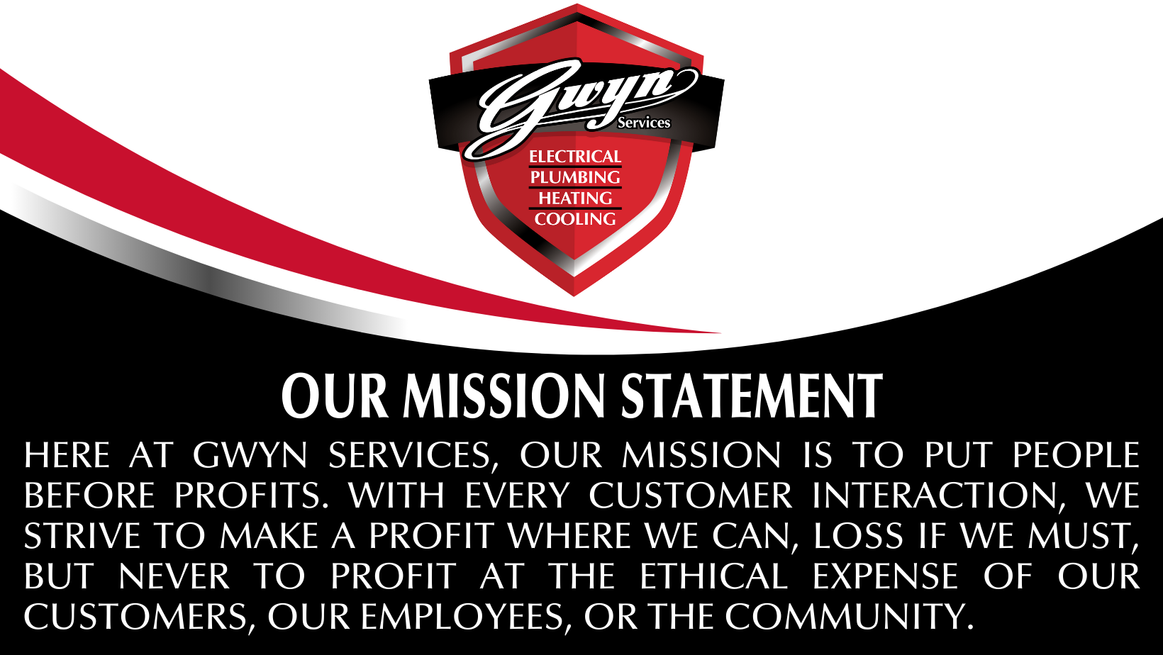 Mission statement graphic with red-and-black logo and white text on a black curved background.