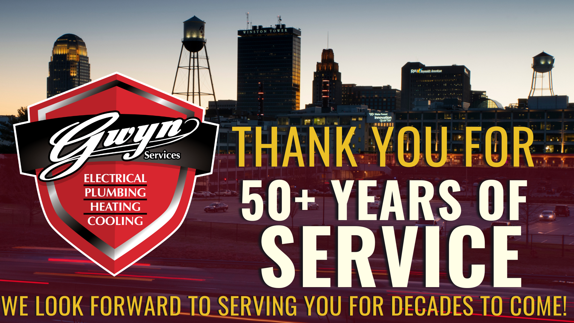 City skyline at sunset with red shield logo and text: “Thank you for 50+ years of service.”