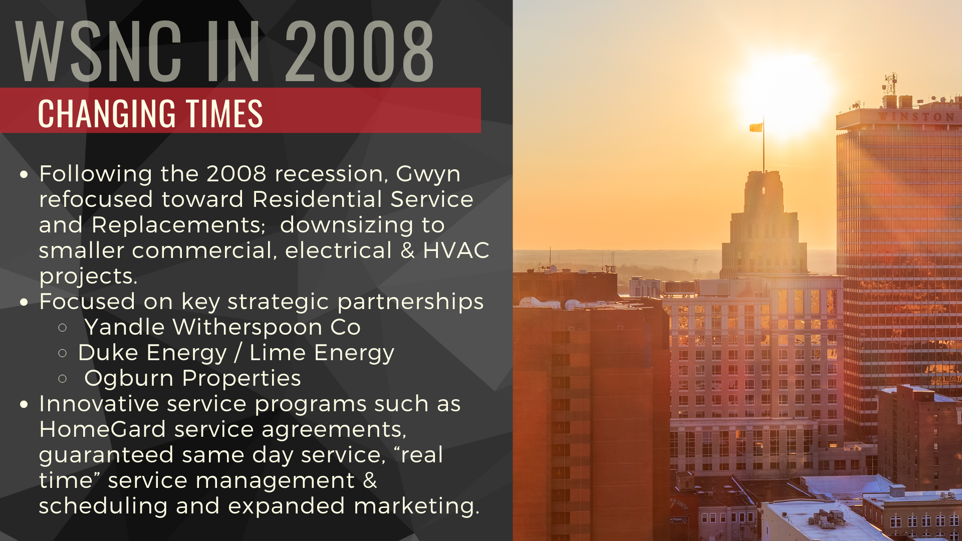 WSNC in 2008 slide with bullet points beside a city skyline at sunset