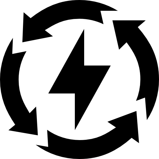 Black circular arrows around a central lightning bolt icon on a white background