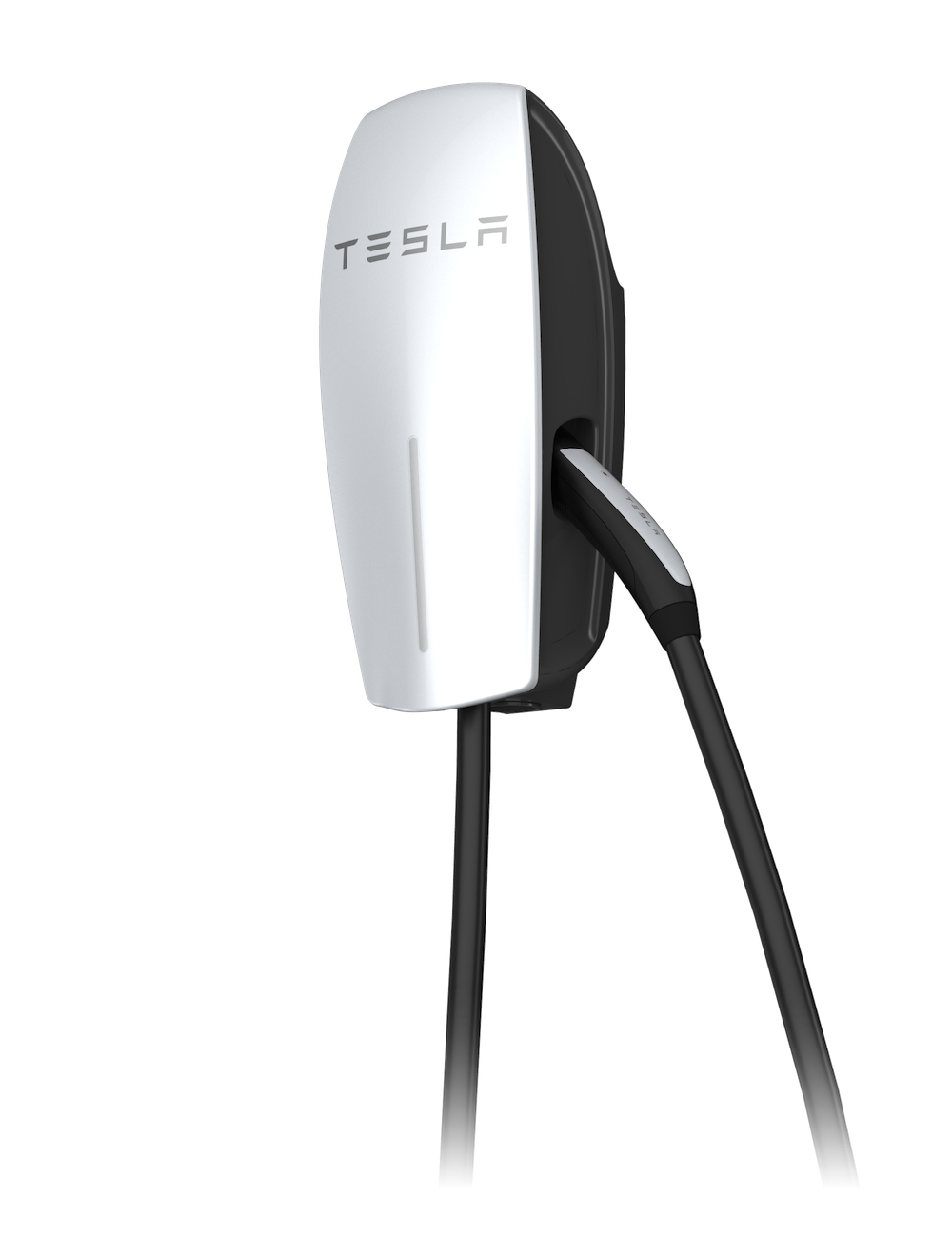 Tesla wall-mounted electric car charger with black charging cable on a white background