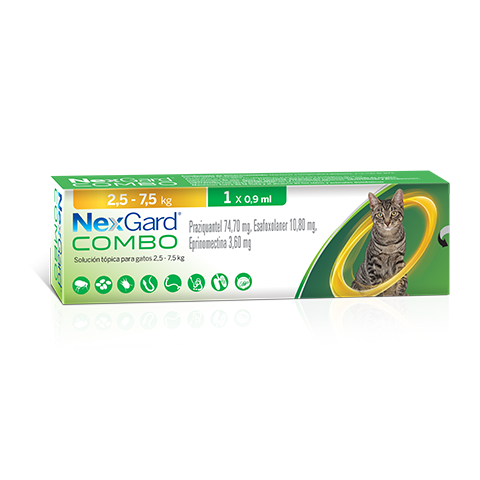 Caja verde de tratamiento NexGard Combo contra pulgas y garrapatas para gatos con foto de gato, para gatos de 2,5 a 7,5 kg.