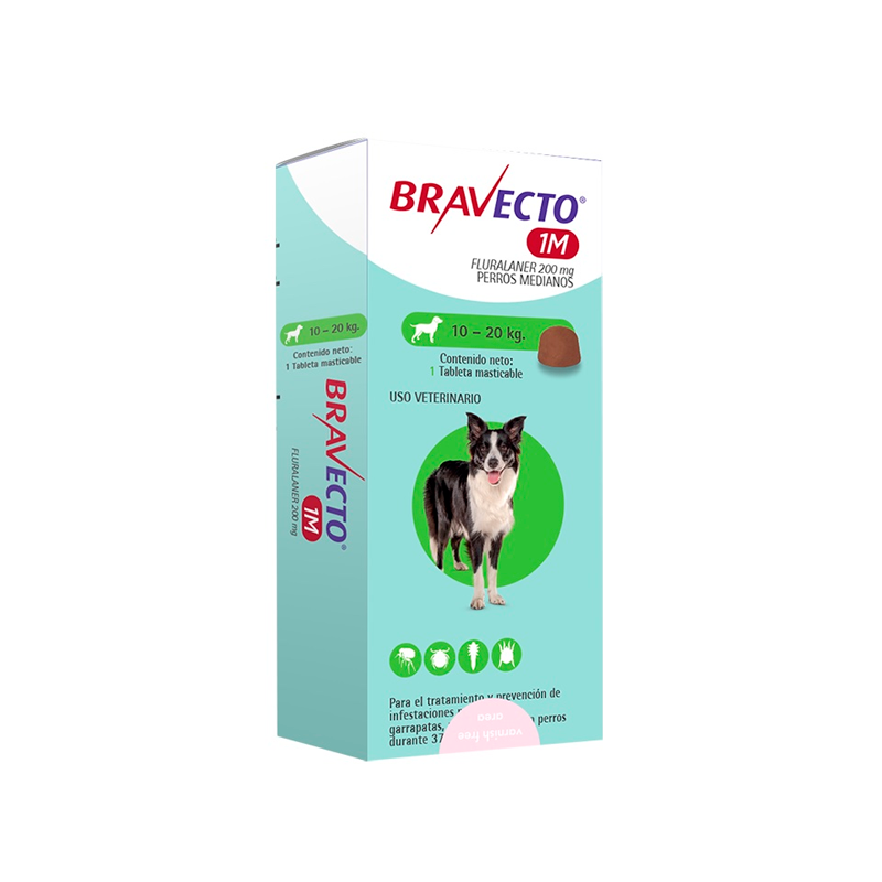 Caja de tratamiento antipulgas y garrapatas Bravecto para perros, blanca y turquesa con la foto de un perro.