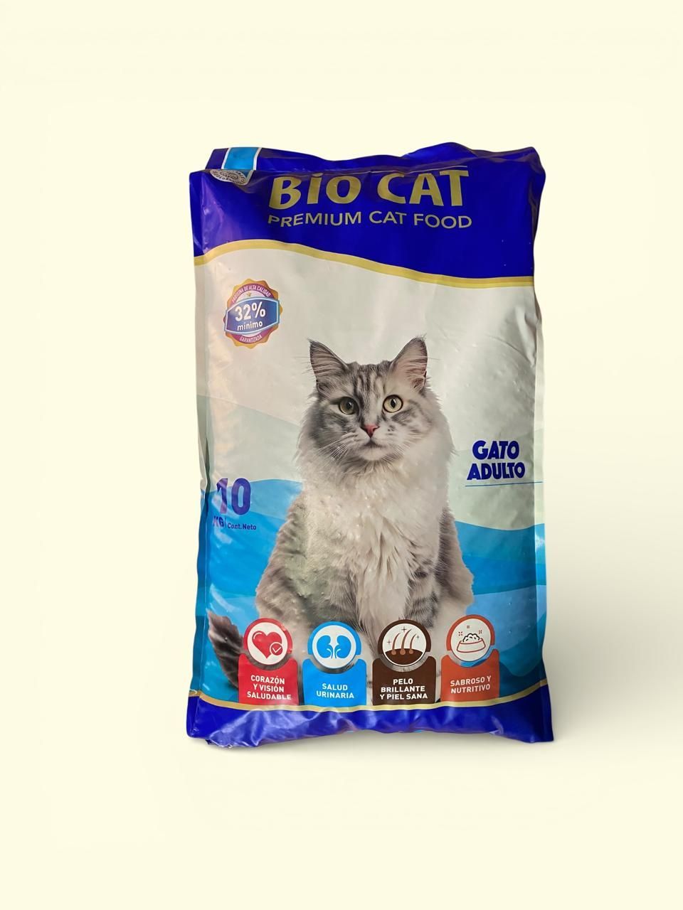Bolsa de comida premium para gatos Bio Cat de color azul y blanco con la imagen de un gato gris y la etiqueta 