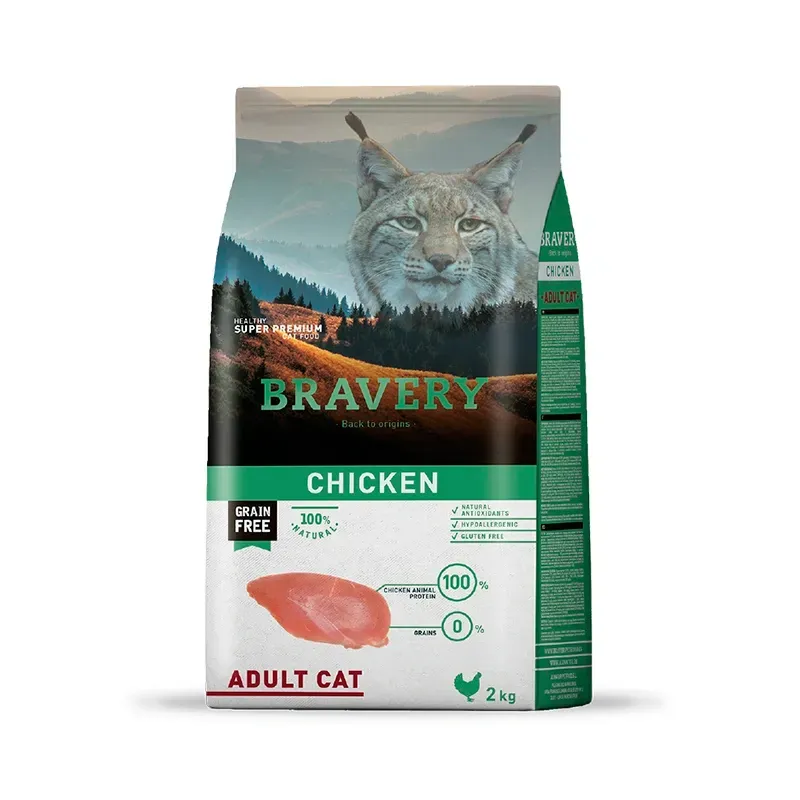 Bolsa de comida para gatos adultos Bravery Chicken con ilustración de un lince sobre fondo blanco.