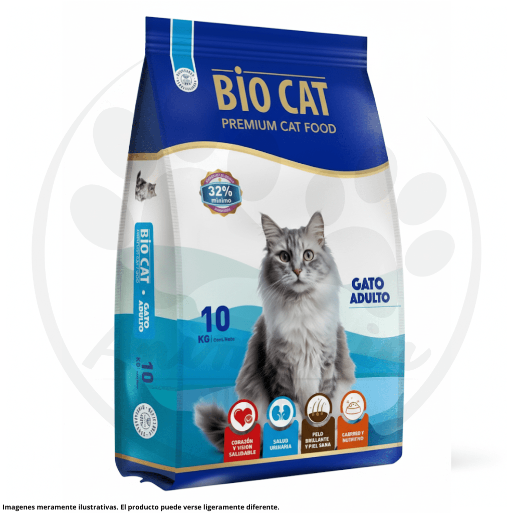 Bolsa de comida premium para gatos Bio Cat de color azul y blanco con la imagen de un gato gris y la etiqueta 