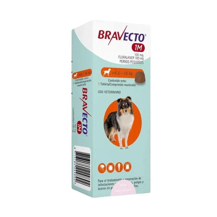 Caja de tratamiento antipulgas y garrapatas Bravecto 1M para perros con foto de un perro en un envase verde menta.