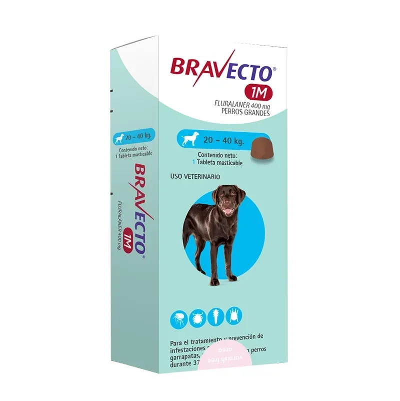 Caja de tratamiento antipulgas y garrapatas para perros Bravecto, color turquesa y blanco .