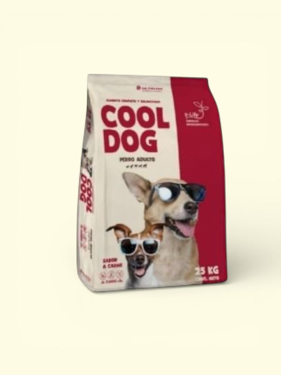 Bolsa de comida para mascotas Cool Dog con dos perros con gafas de sol sobre un fondo blanco.