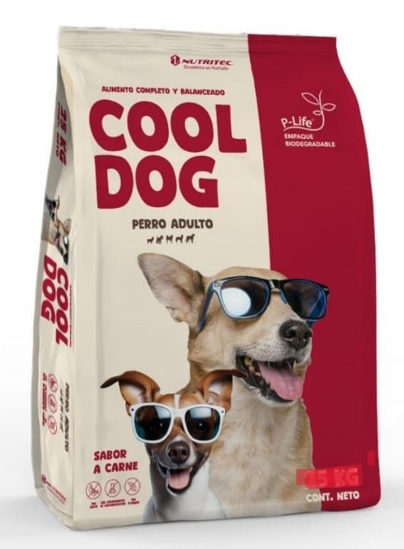Bolsa de comida para perros adultos Cool Dog, roja y beige con dos perros en la parte delantera, paquete de 10 kg.