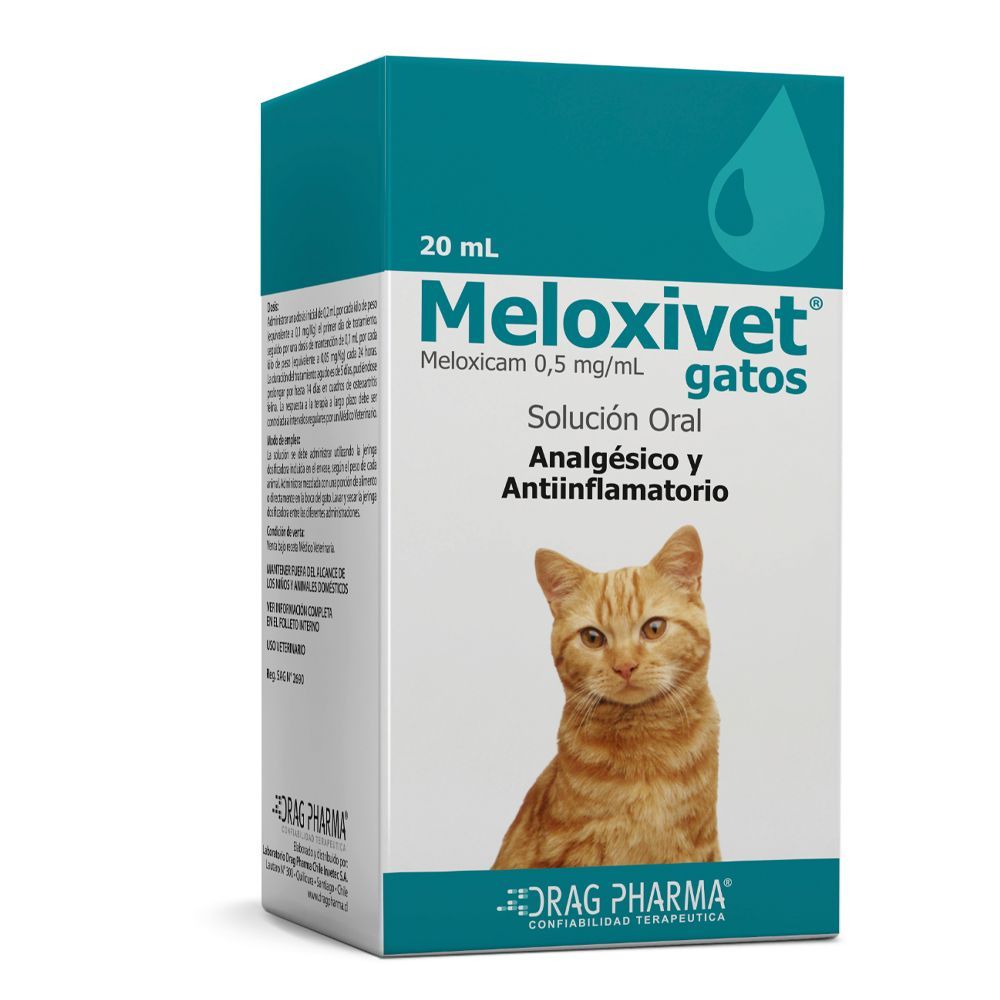 Meloxivet Gatos 20 ml solución oral antiinflamatoria para gatos, caja con ilustración de un gato naranja.