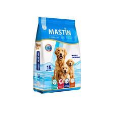 Bolsa de comida para perros Blue Mastin con dos perros en la parte delantera sobre un fondo blanco.