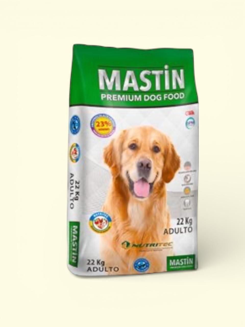 Bolsa de comida para perros Mastin Premium con imagen de golden retriever sobre fondo claro.