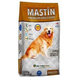 Alimento para perros mayores Mastin Premium, bolsa de 22 kg con un golden retriever en el envase.