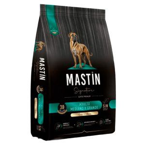 Bolsa de comida para perros Black Mastin con un dibujo de un perro y detalles verdes.