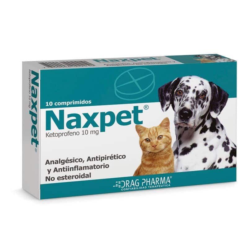 Caja de medicamentos veterinarios Naxpet con un gato y un dálmata sobre fondo turquesa.