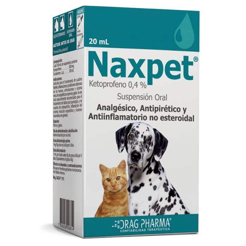 Caja de medicamentos veterinarios Naxpet con diseño de gato y dálmata, en envase de color turquesa y blanco.