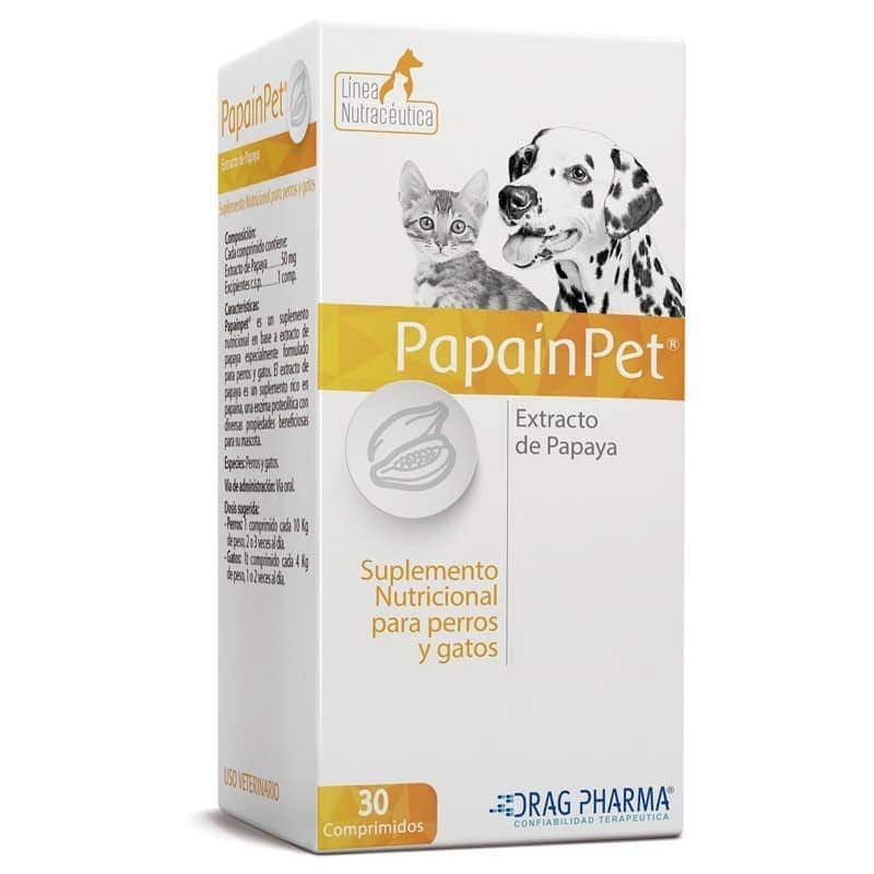 Caja de suplemento para gatos PapainPet con imágenes de gatos y dálmatas, envase blanco y amarillo, 30 comprimidos.