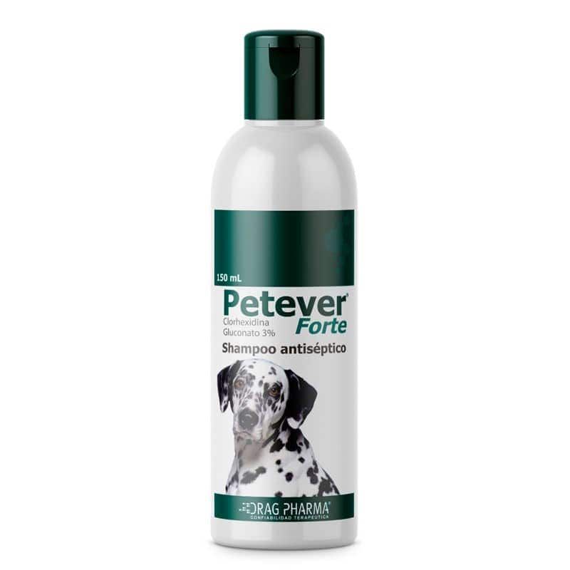 Botella de champú antiséptico para perros Potever Forte, blanca y verde oscuro con etiqueta de dálmata.