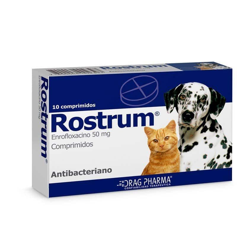 Caja de comprimidos de Rostrum enrofloxacina 50 mg con imágenes de gatos y perros, envase azul y blanco.