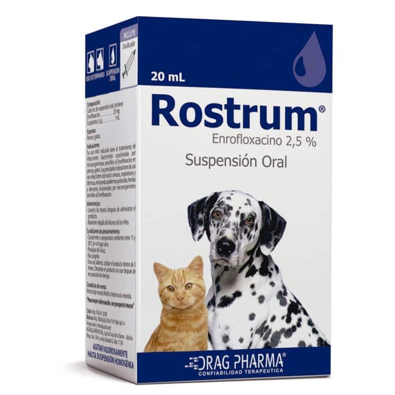Caja de suspensión oral para mascotas Rostrum, azul y blanca con un perro y un gato en la parte frontal.