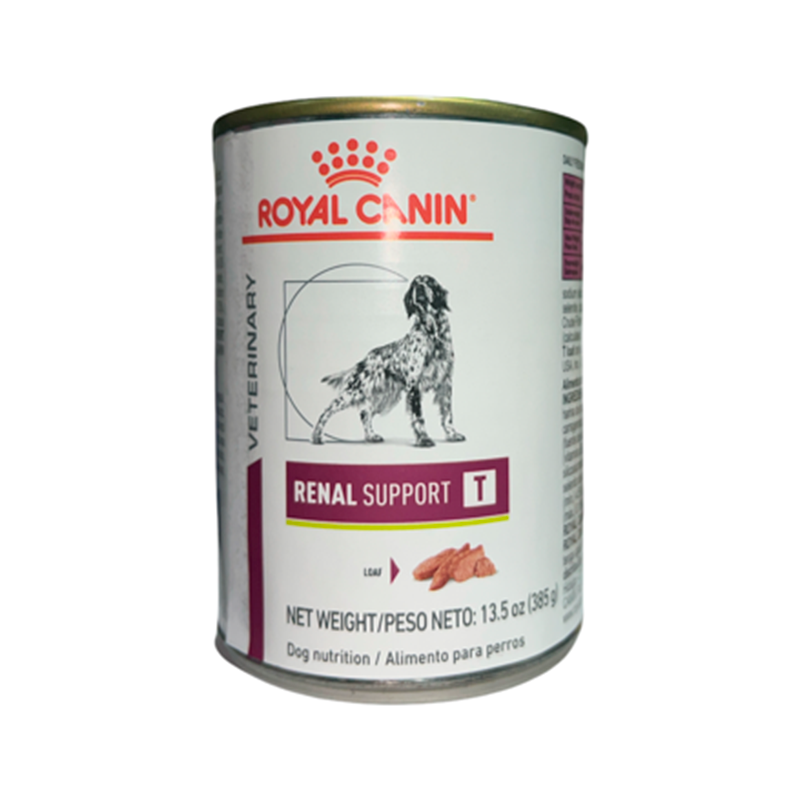 Lata de comida para gatos Royal Canin Renal Support, blanca con etiqueta roja y morada.