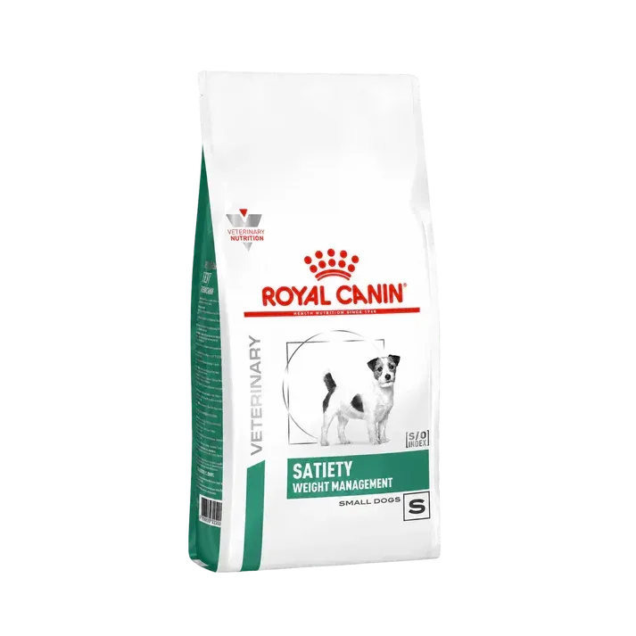 Bolsa de comida para perros Royal Canin Satiety Weight Management, envase blanco y verde.